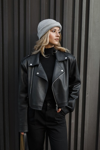Cropped Faux Leather Biker Jacket – Midnight Black